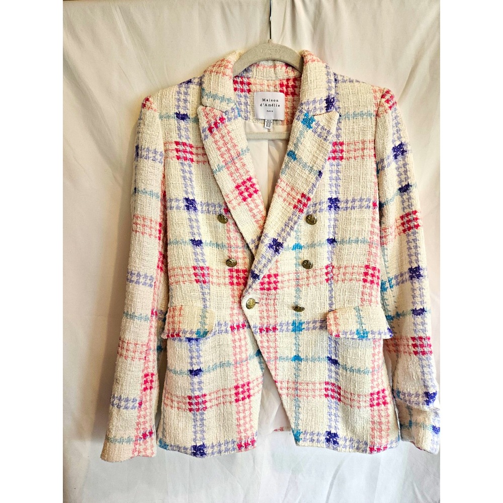 Maison d'Amélie Womens XS Ivory Plaid Lined Button Blazer Jacket Short